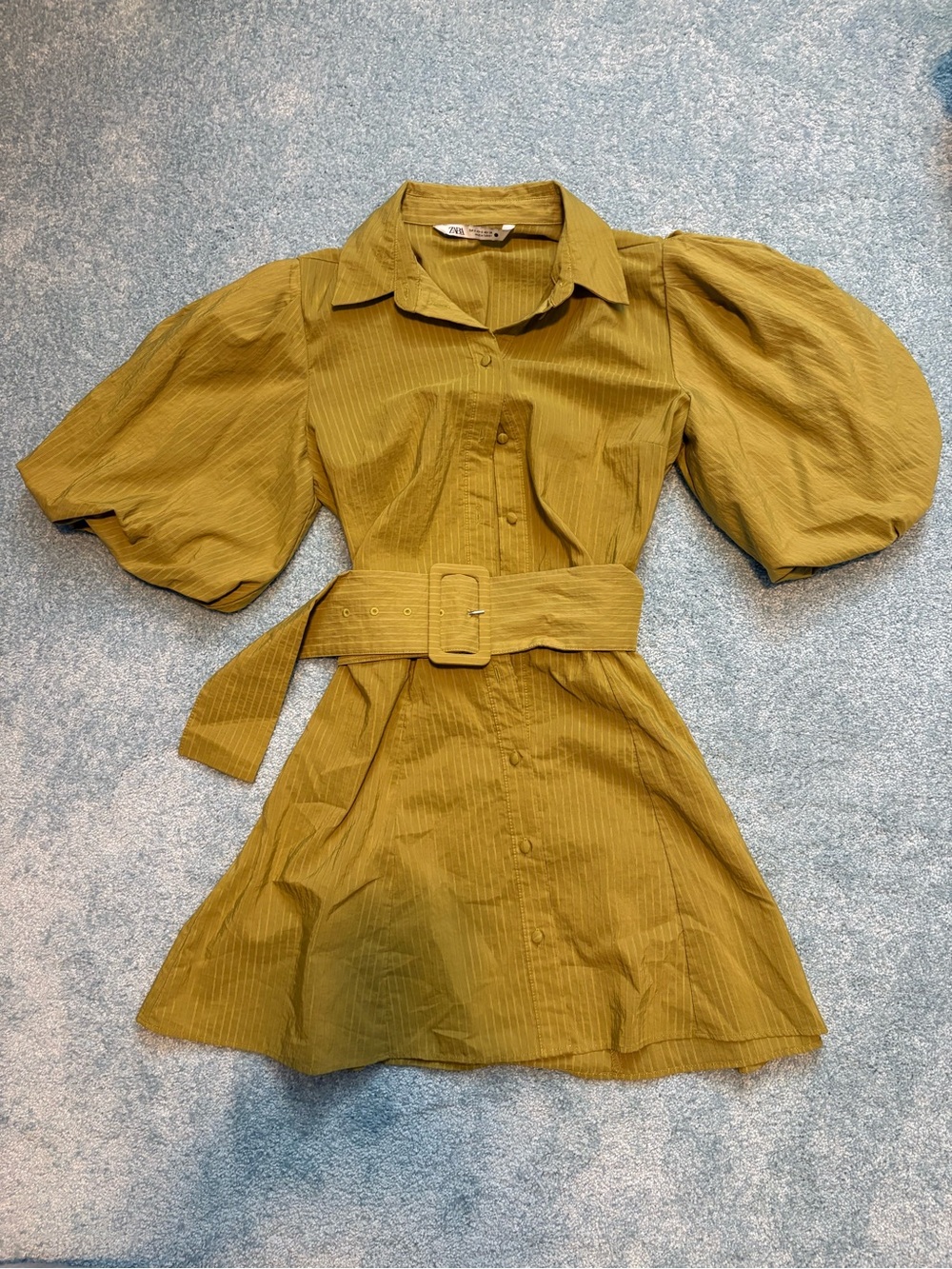 Zara Olive Puff-Sleeve Belted Mini Dress